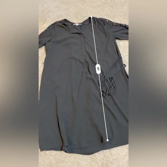 Loft Gray Crochet Long Sleeve Tie Waist Henley Dress Size L - Picture 4 of 7